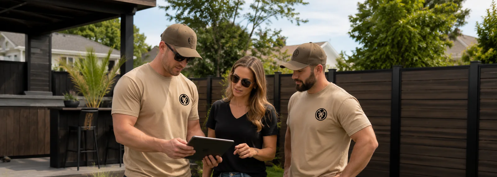 Deux installateurs UPGRADE et une cliente consultant une tablette dans une cour aménagée