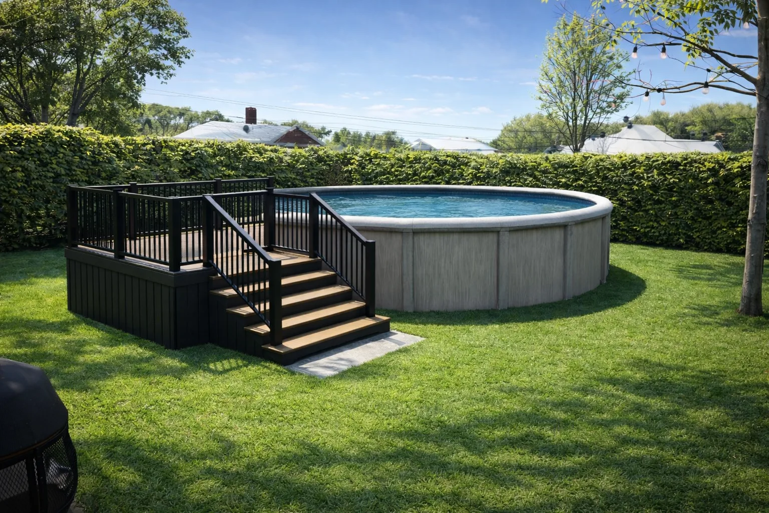UDeck patio with wood staircase and railing leading to an above-ground pool
