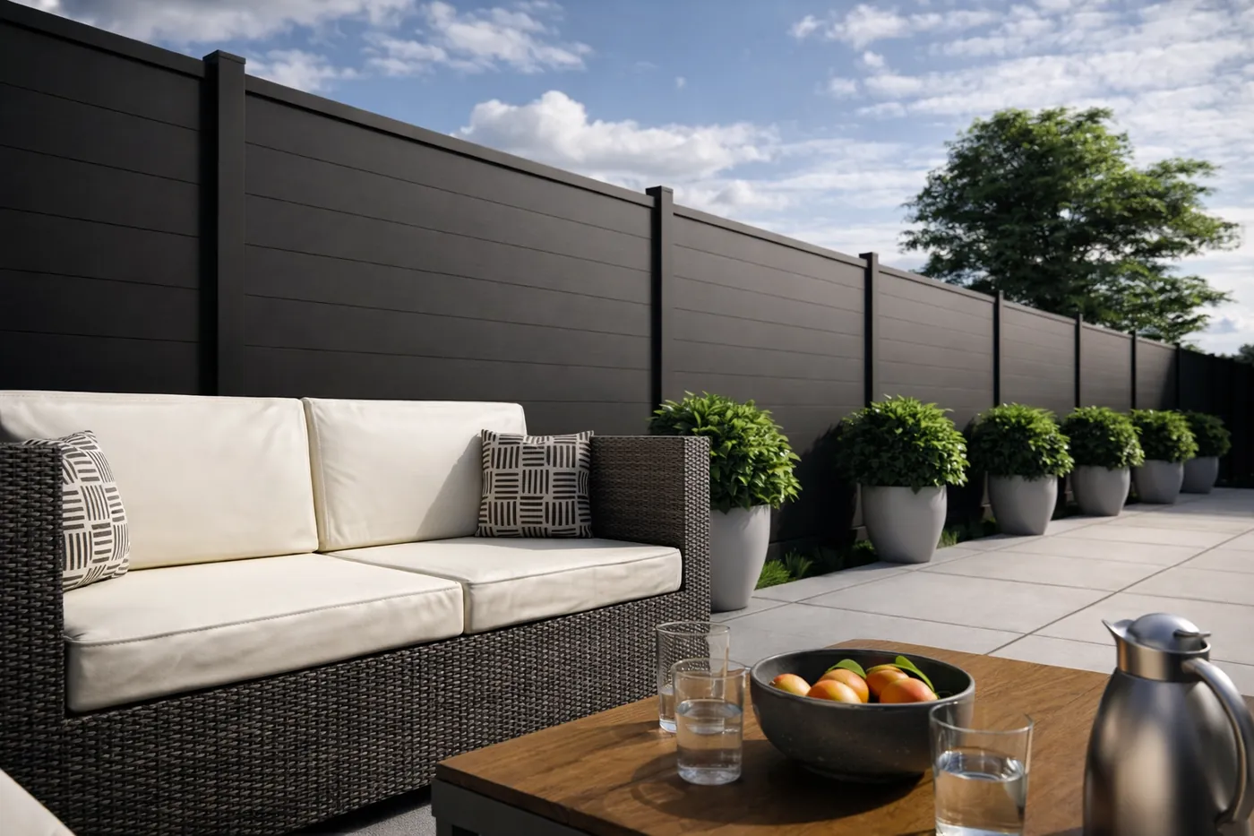 Dark aluminum board fence with gate
