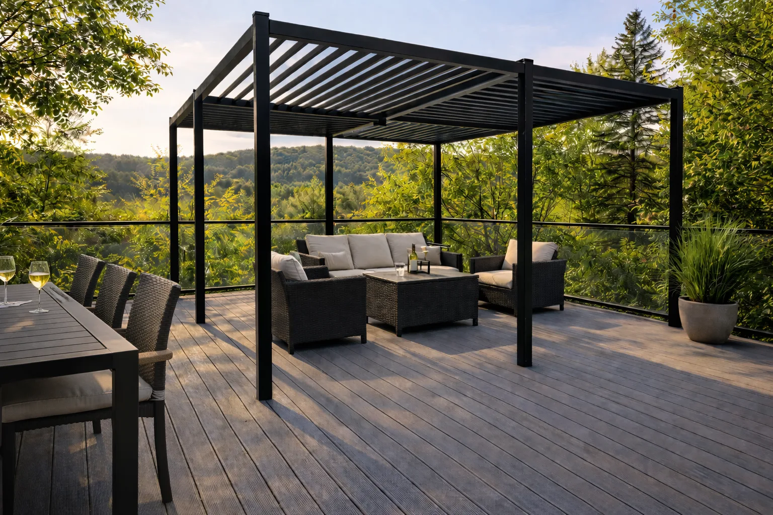 Pergola sur terrasse avec salon, vue sur la vallée
