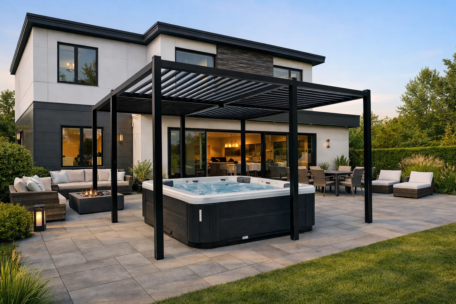 Pergola UPergolas au-dessus d'un spa, sur un patio de pavés, à la tombée du jour