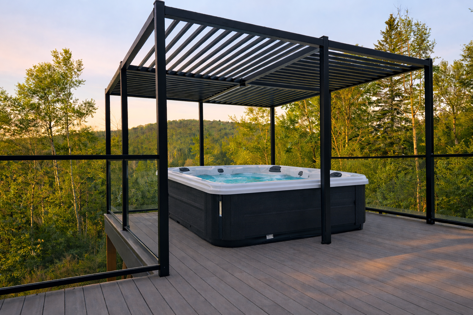 Pergola éclairée au-dessus d'un spa, le soir